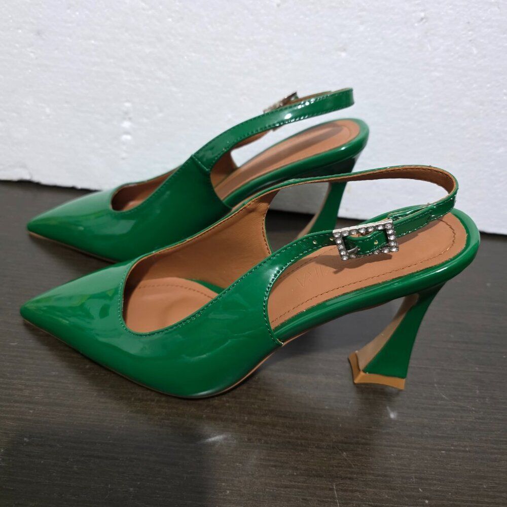 New Anteikira Women's Closed Toe High Spool Heel Buckle Slingback Green Shoes 7